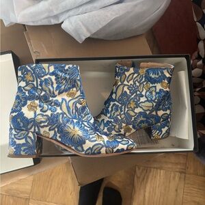 Tory Burch Blue and Gold Floral Ankle Boots